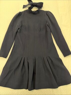 Lela Rose Navy Wool Long-Sleeve Pleated Dress with Removable Collar